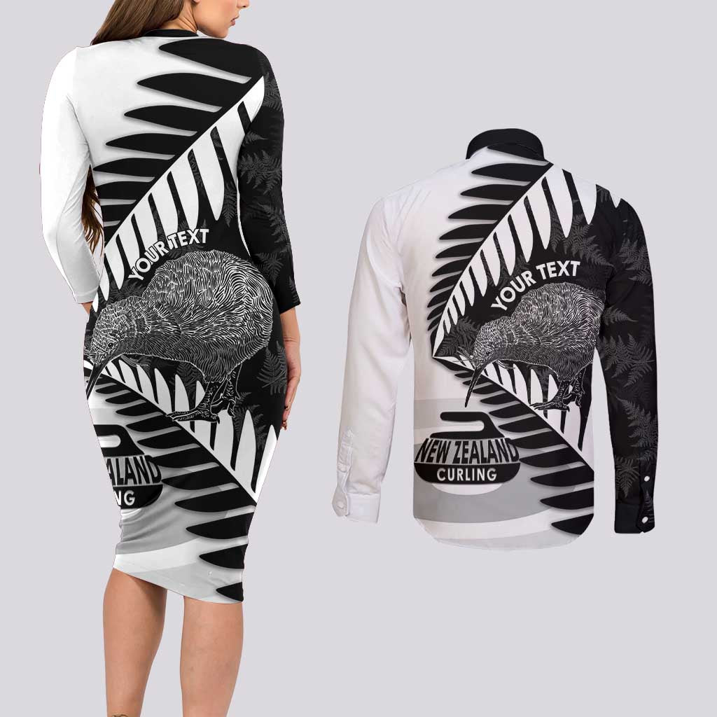New Zealand Silver Fern Curling Personalised Couples Matching Long Sleeve Bodycon Dress and Long Sleeve Button Shirt Aotearoa Kiwi Ponga Black White Version LT14 - Polynesian Pride