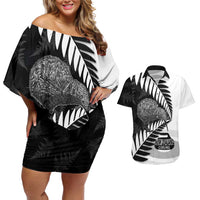 New Zealand Silver Fern Curling Personalised Couples Matching Off Shoulder Short Dress and Hawaiian Shirt Aotearoa Kiwi Ponga Black White Version LT14 Black - Polynesian Pride