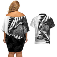 New Zealand Silver Fern Curling Personalised Couples Matching Off Shoulder Short Dress and Hawaiian Shirt Aotearoa Kiwi Ponga Black White Version LT14 - Polynesian Pride