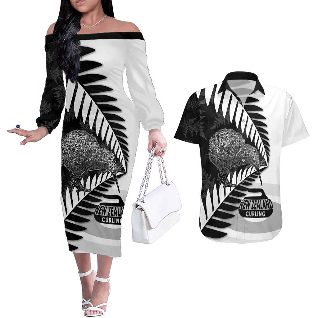 New Zealand Silver Fern Curling Personalised Couples Matching Off The Shoulder Long Sleeve Dress and Hawaiian Shirt Aotearoa Kiwi Ponga Black White Version LT14 Black - Polynesian Pride
