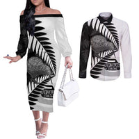 New Zealand Silver Fern Curling Personalised Couples Matching Off The Shoulder Long Sleeve Dress and Long Sleeve Button Shirt Aotearoa Kiwi Ponga Black White Version LT14 Black - Polynesian Pride