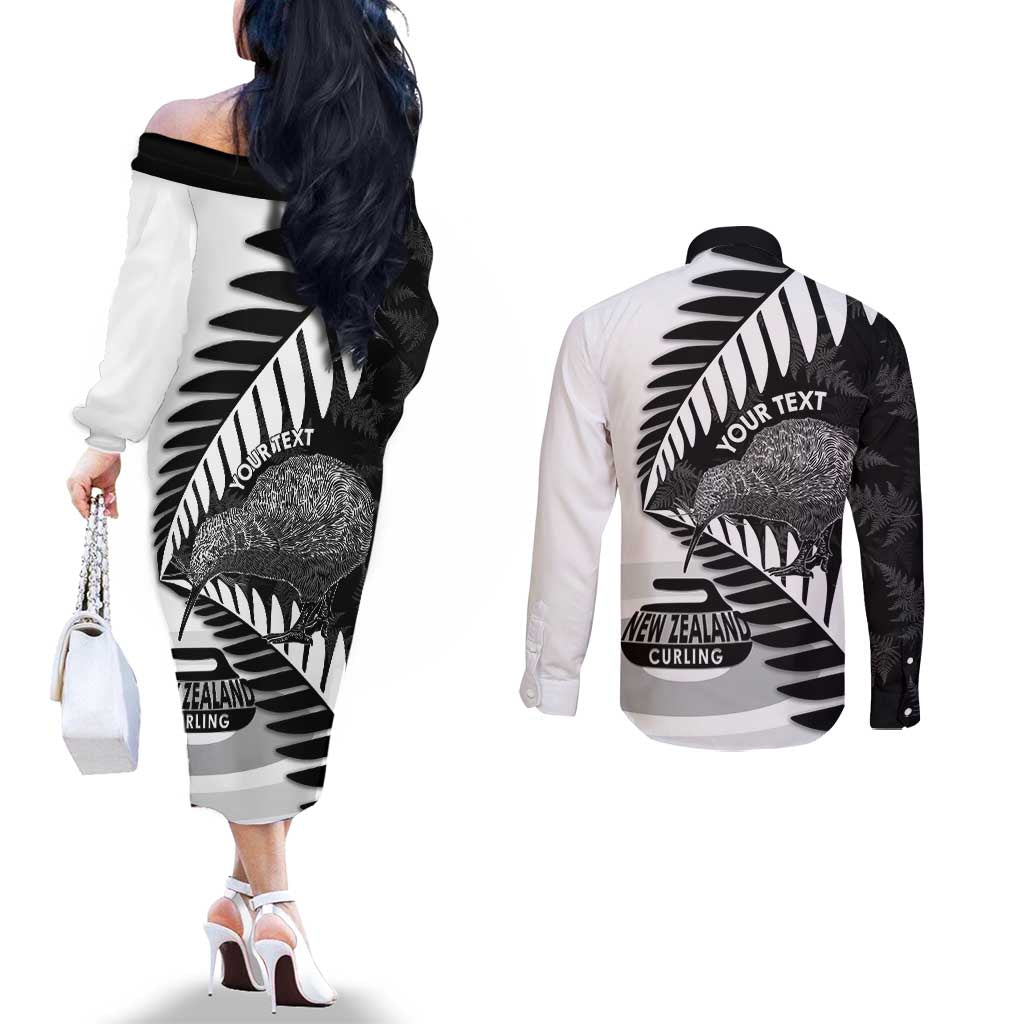 New Zealand Silver Fern Curling Personalised Couples Matching Off The Shoulder Long Sleeve Dress and Long Sleeve Button Shirt Aotearoa Kiwi Ponga Black White Version LT14 - Polynesian Pride