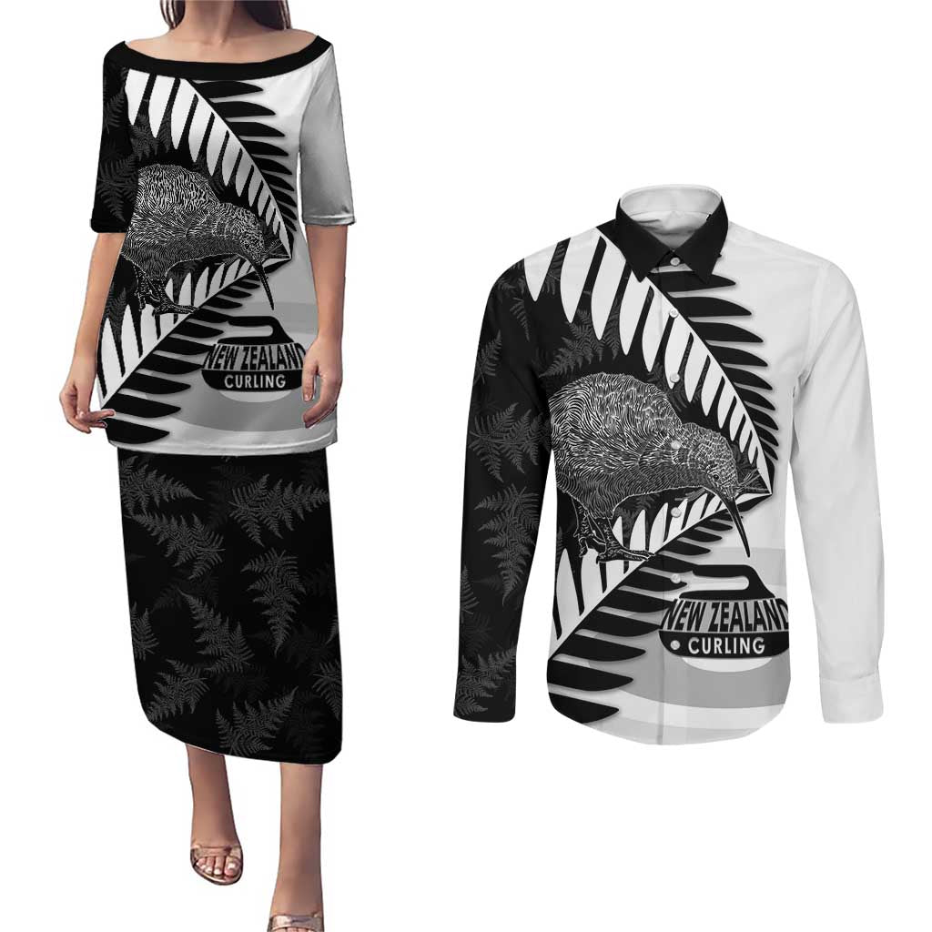 New Zealand Silver Fern Curling Personalised Couples Matching Puletasi and Long Sleeve Button Shirt Aotearoa Kiwi Ponga Black White Version - Polynesian Pride