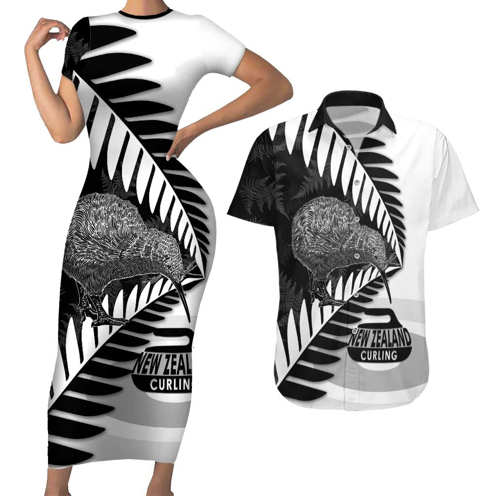 New Zealand Silver Fern Curling Personalised Couples Matching Short Sleeve Bodycon Dress and Hawaiian Shirt Aotearoa Kiwi Ponga Black White Version - Polynesian Pride