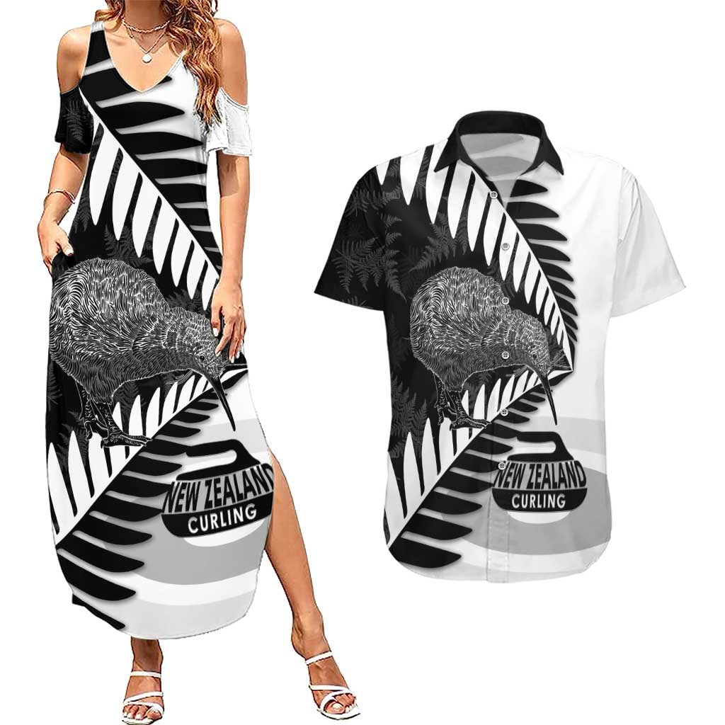 New Zealand Silver Fern Curling Personalised Couples Matching Summer Maxi Dress and Hawaiian Shirt Aotearoa Kiwi Ponga Black White Version - Polynesian Pride