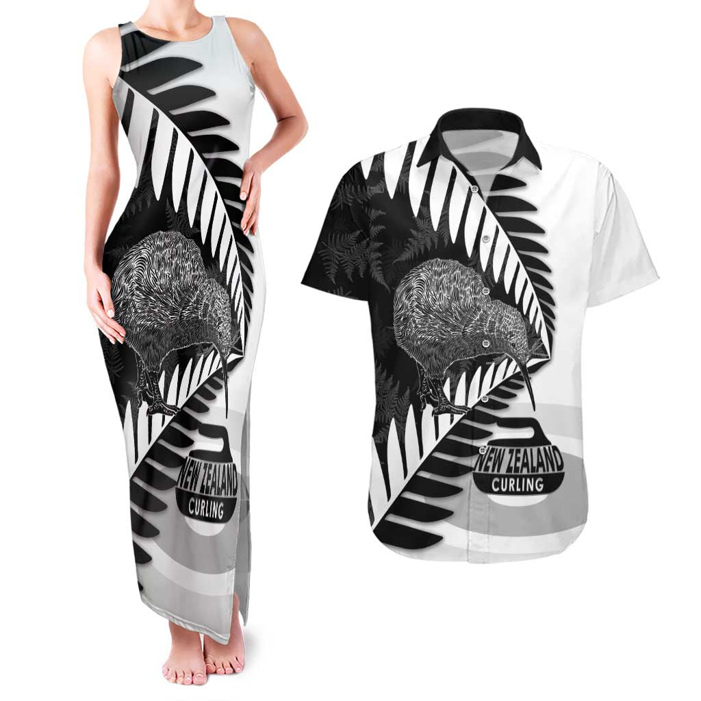 New Zealand Silver Fern Curling Personalised Couples Matching Tank Maxi Dress and Hawaiian Shirt Aotearoa Kiwi Ponga Black White Version - Polynesian Pride