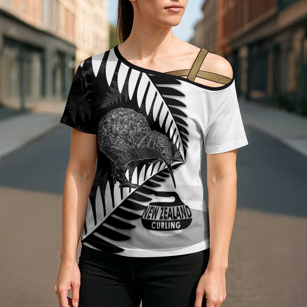 New Zealand Silver Fern Curling Personalised Cross Shoulder Shirt Aotearoa Kiwi Ponga Black White Version - Polynesian Pride