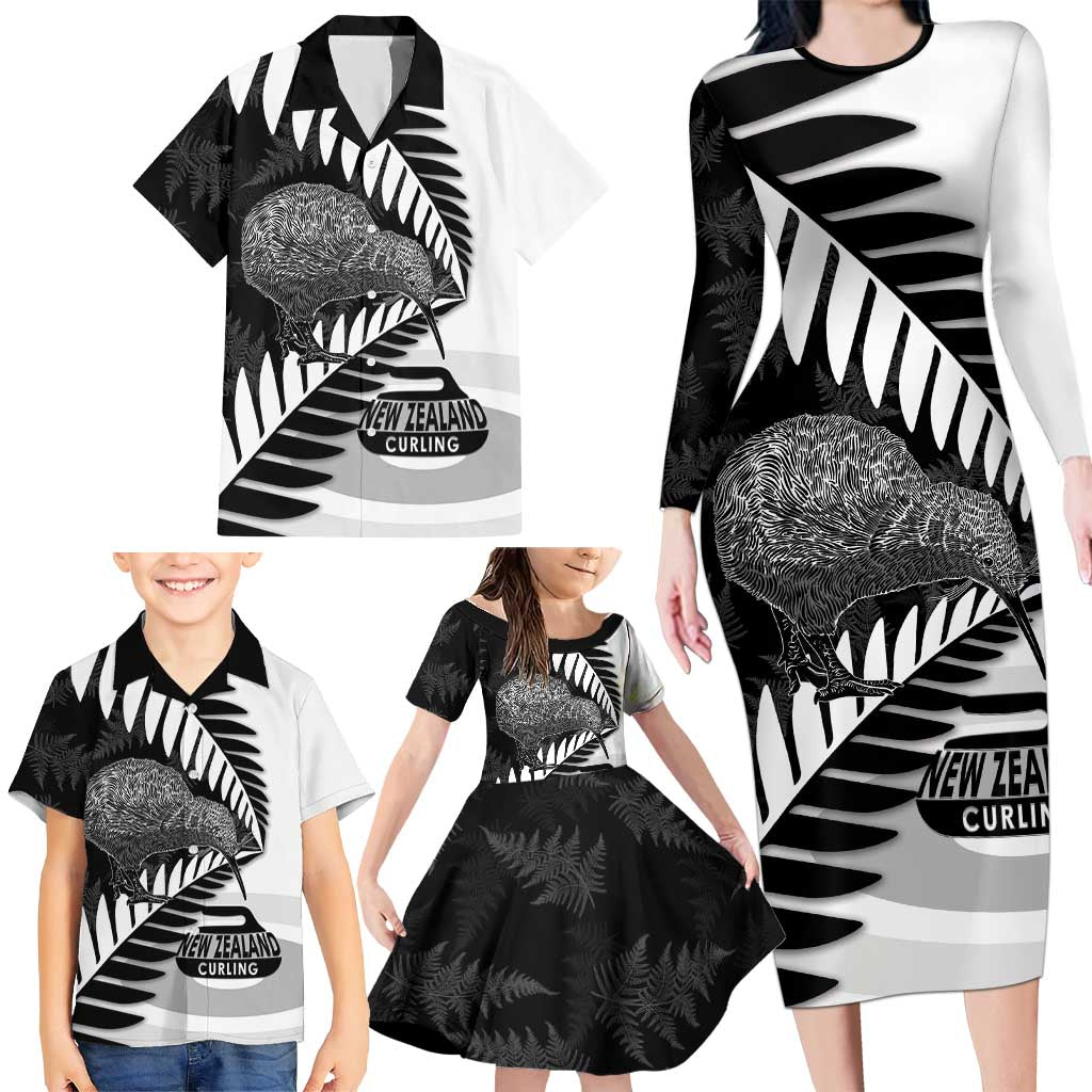 New Zealand Silver Fern Curling Personalised Family Matching Long Sleeve Bodycon Dress and Hawaiian Shirt Aotearoa Kiwi Ponga Black White Version LT14 - Polynesian Pride