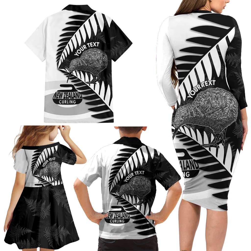 New Zealand Silver Fern Curling Personalised Family Matching Long Sleeve Bodycon Dress and Hawaiian Shirt Aotearoa Kiwi Ponga Black White Version LT14 - Polynesian Pride