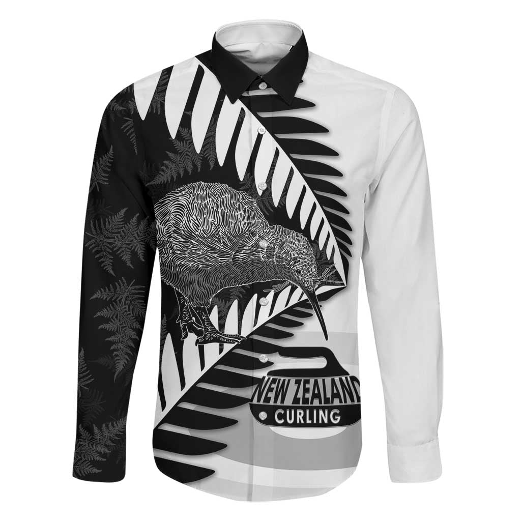 New Zealand Silver Fern Curling Personalised Family Matching Long Sleeve Bodycon Dress and Hawaiian Shirt Aotearoa Kiwi Ponga Black White Version LT14 Dad's Shirt - Long Sleeve Black - Polynesian Pride