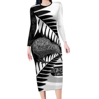 New Zealand Silver Fern Curling Personalised Family Matching Long Sleeve Bodycon Dress and Hawaiian Shirt Aotearoa Kiwi Ponga Black White Version LT14 Mom's Dress Black - Polynesian Pride