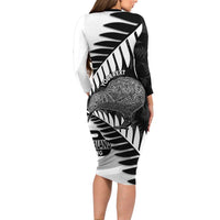 New Zealand Silver Fern Curling Personalised Family Matching Long Sleeve Bodycon Dress and Hawaiian Shirt Aotearoa Kiwi Ponga Black White Version LT14 - Polynesian Pride