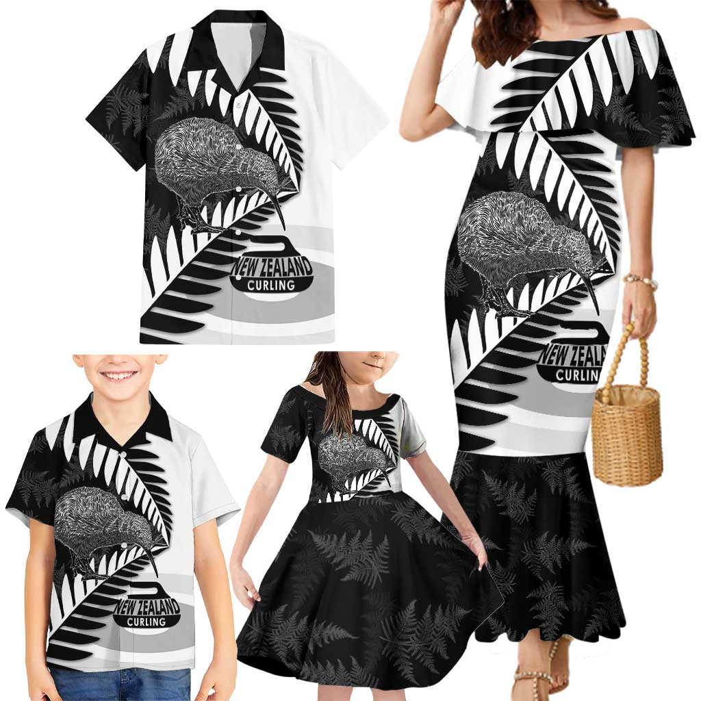 New Zealand Silver Fern Curling Personalised Family Matching Mermaid Dress and Hawaiian Shirt Aotearoa Kiwi Ponga Black White Version - Polynesian Pride
