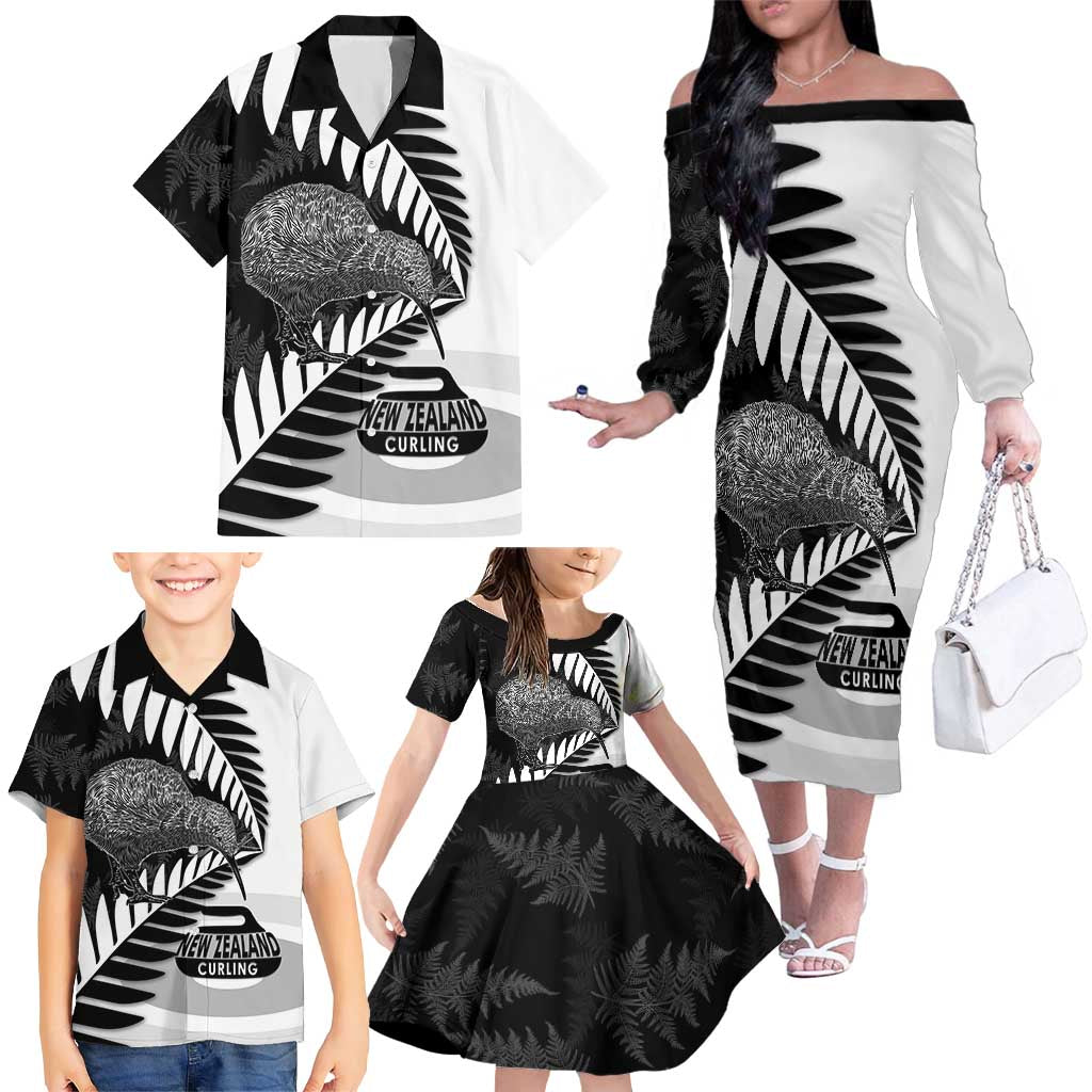 New Zealand Silver Fern Curling Personalised Family Matching Off The Shoulder Long Sleeve Dress and Hawaiian Shirt Aotearoa Kiwi Ponga Black White Version LT14 - Polynesian Pride