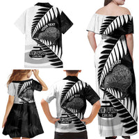 New Zealand Silver Fern Curling Personalised Family Matching Off Shoulder Maxi Dress and Hawaiian Shirt Aotearoa Kiwi Ponga Black White Version LT14 - Polynesian Pride