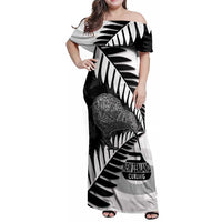 New Zealand Silver Fern Curling Personalised Family Matching Off Shoulder Maxi Dress and Hawaiian Shirt Aotearoa Kiwi Ponga Black White Version LT14 Mom's Dress Black - Polynesian Pride