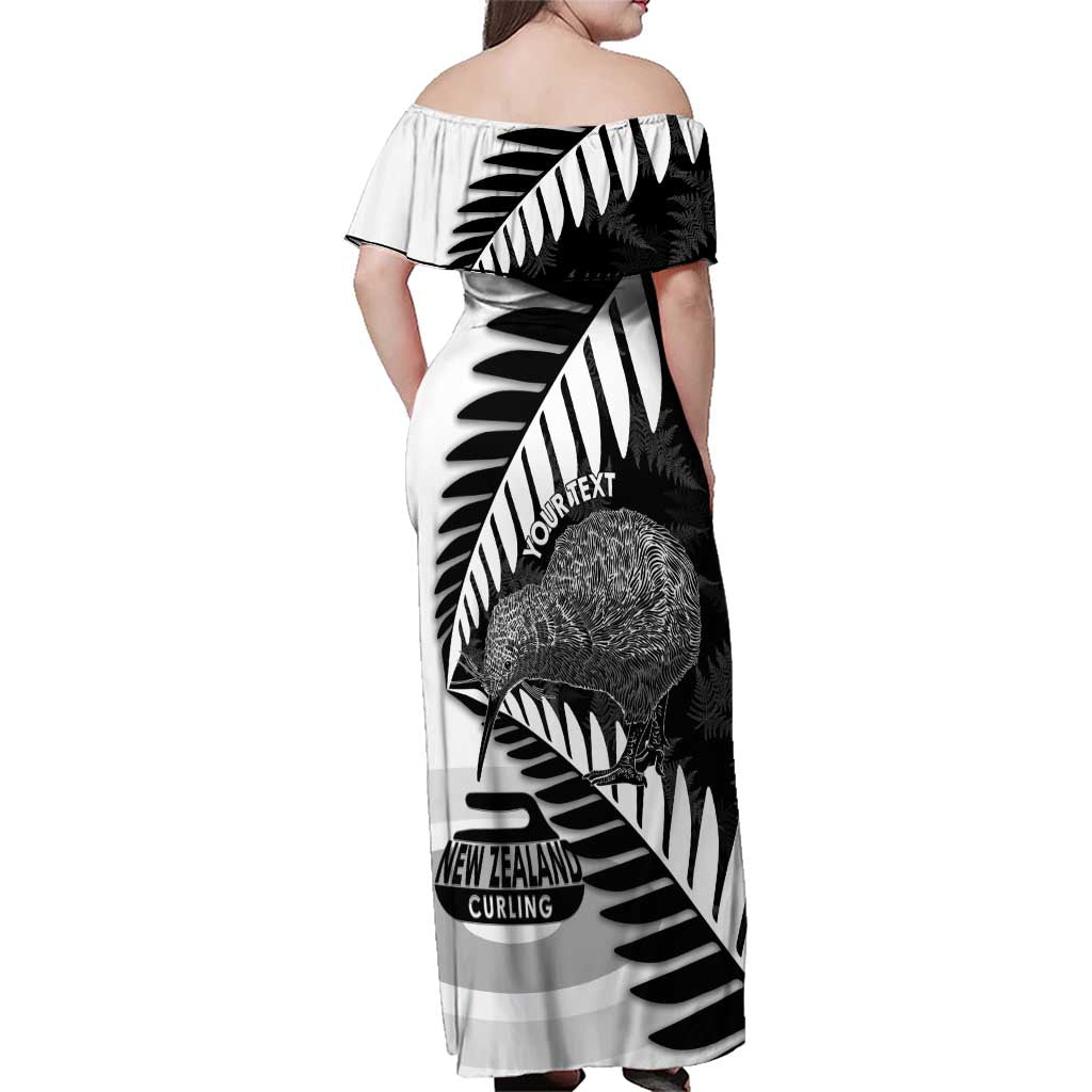 New Zealand Silver Fern Curling Personalised Family Matching Off Shoulder Maxi Dress and Hawaiian Shirt Aotearoa Kiwi Ponga Black White Version LT14 - Polynesian Pride