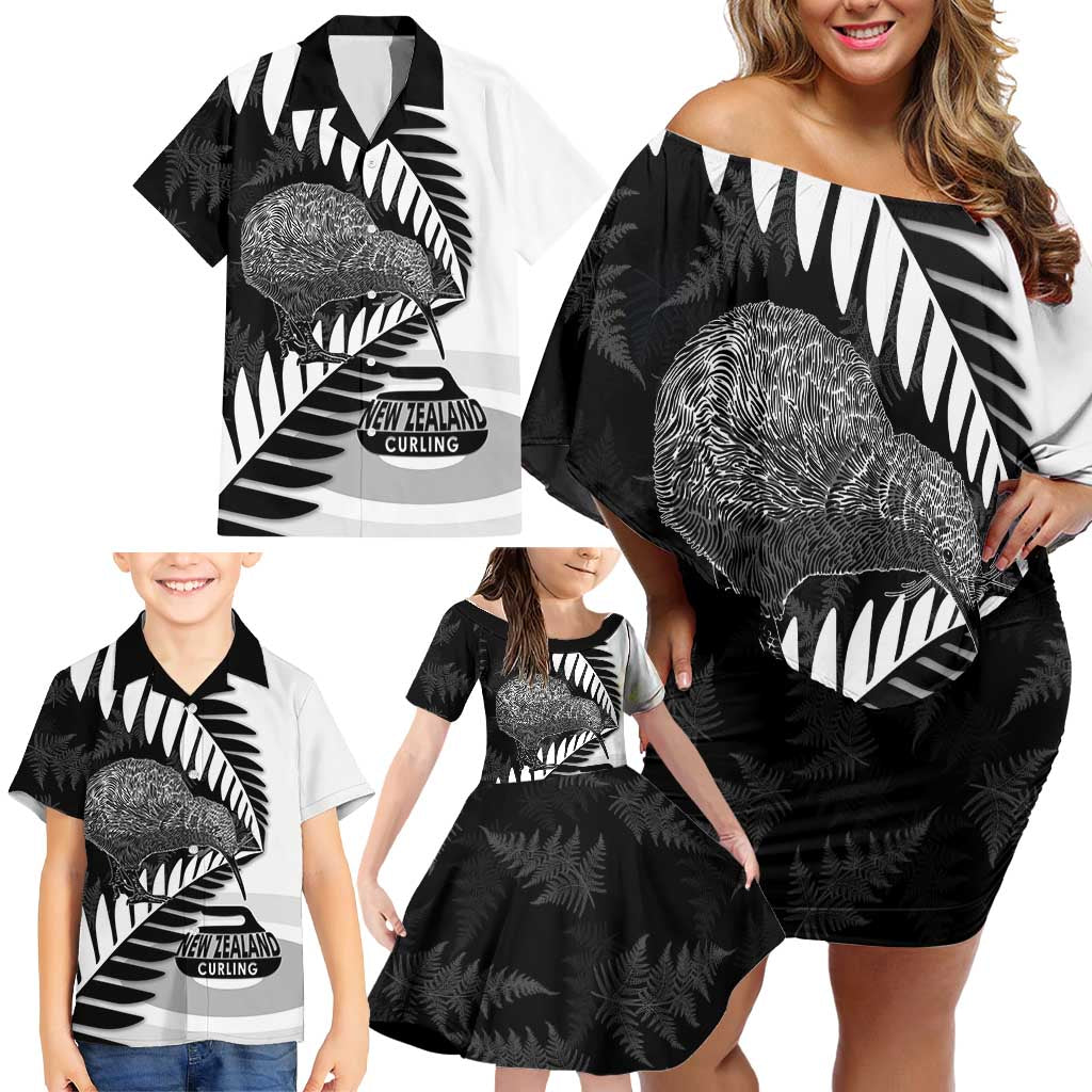 New Zealand Silver Fern Curling Personalised Family Matching Off Shoulder Short Dress and Hawaiian Shirt Aotearoa Kiwi Ponga Black White Version LT14 - Polynesian Pride