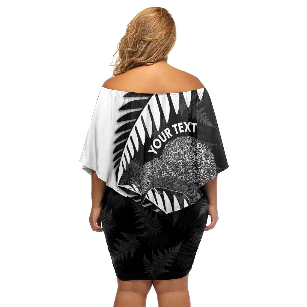 New Zealand Silver Fern Curling Personalised Family Matching Off Shoulder Short Dress and Hawaiian Shirt Aotearoa Kiwi Ponga Black White Version LT14 - Polynesian Pride
