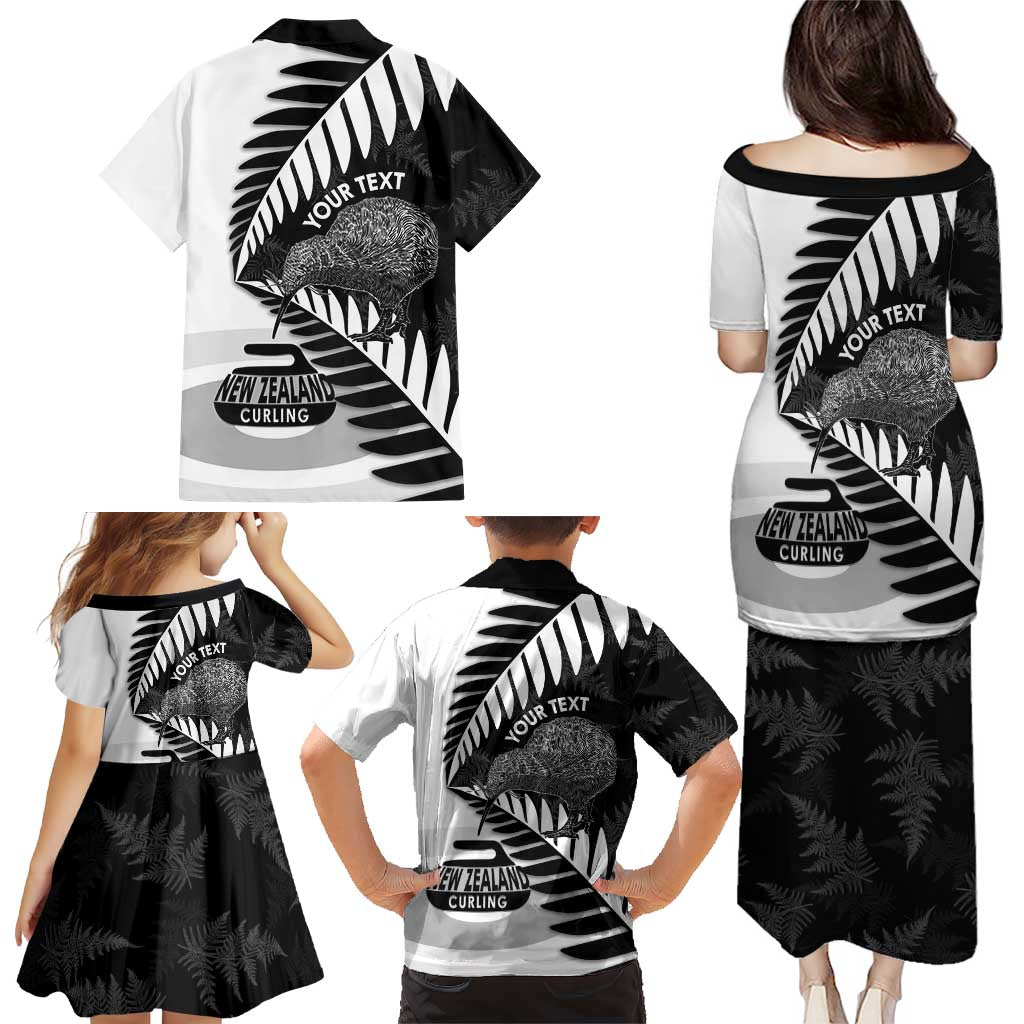 New Zealand Silver Fern Curling Personalised Family Matching Puletasi and Hawaiian Shirt Aotearoa Kiwi Ponga Black White Version LT14 - Polynesian Pride