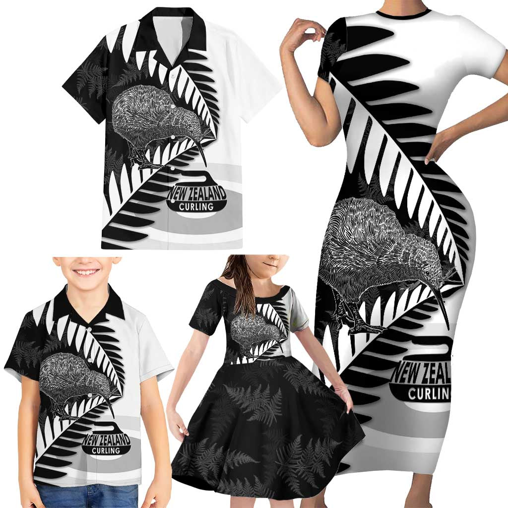 New Zealand Silver Fern Curling Personalised Family Matching Short Sleeve Bodycon Dress and Hawaiian Shirt Aotearoa Kiwi Ponga Black White Version LT14 - Polynesian Pride