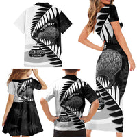 New Zealand Silver Fern Curling Personalised Family Matching Short Sleeve Bodycon Dress and Hawaiian Shirt Aotearoa Kiwi Ponga Black White Version LT14 - Polynesian Pride