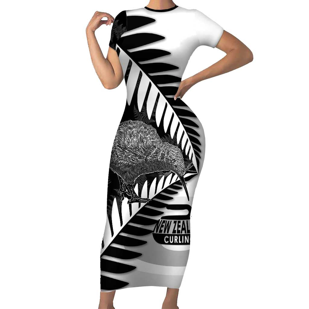 New Zealand Silver Fern Curling Personalised Family Matching Short Sleeve Bodycon Dress and Hawaiian Shirt Aotearoa Kiwi Ponga Black White Version LT14 Mom's Dress Black - Polynesian Pride