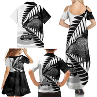 New Zealand Silver Fern Curling Personalised Family Matching Summer Maxi Dress and Hawaiian Shirt Aotearoa Kiwi Ponga Black White Version LT14 - Polynesian Pride