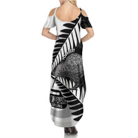 New Zealand Silver Fern Curling Personalised Family Matching Summer Maxi Dress and Hawaiian Shirt Aotearoa Kiwi Ponga Black White Version LT14 - Polynesian Pride