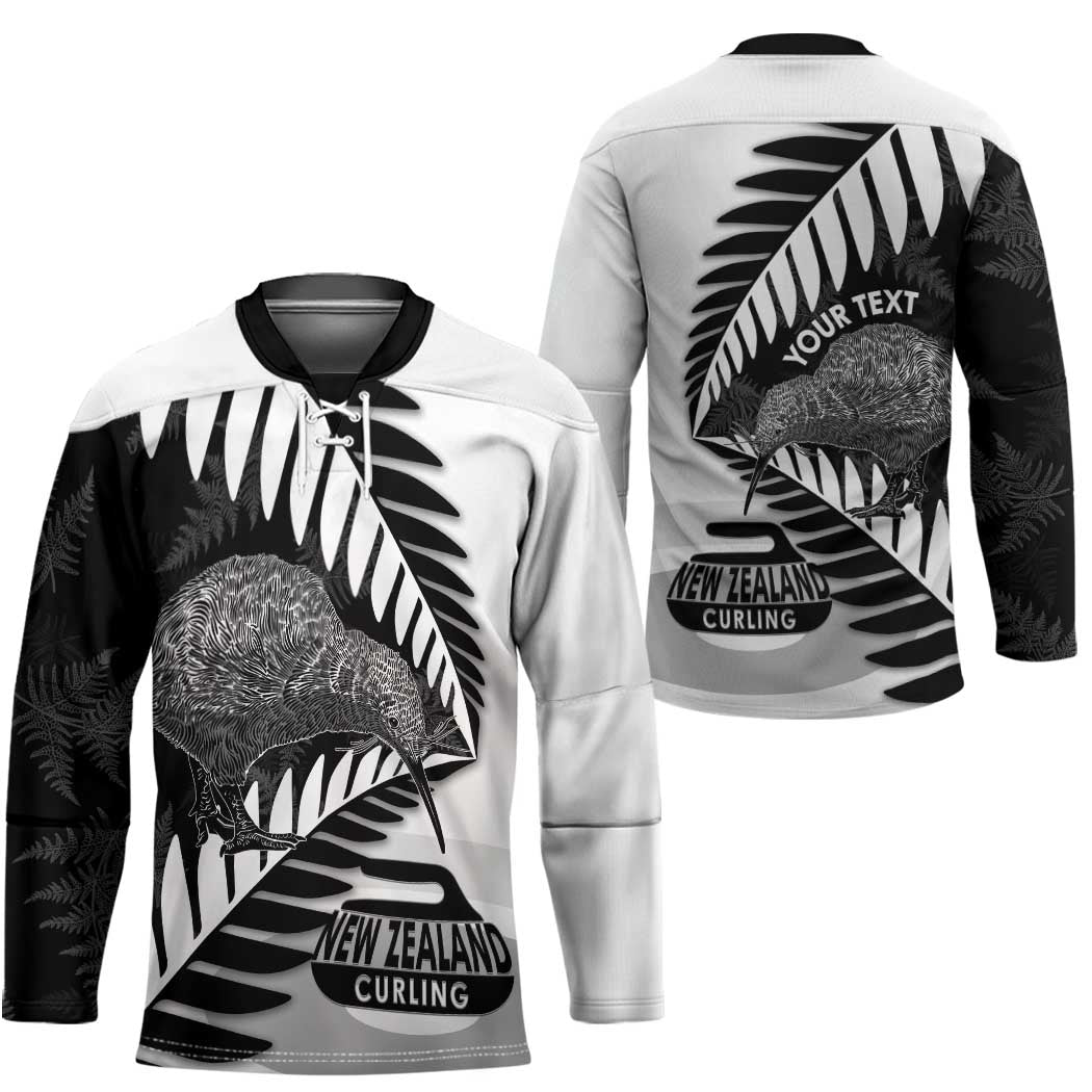 New Zealand Silver Fern Curling Personalised Hockey Jersey Aotearoa Kiwi Ponga Black White Version - Polynesian Pride