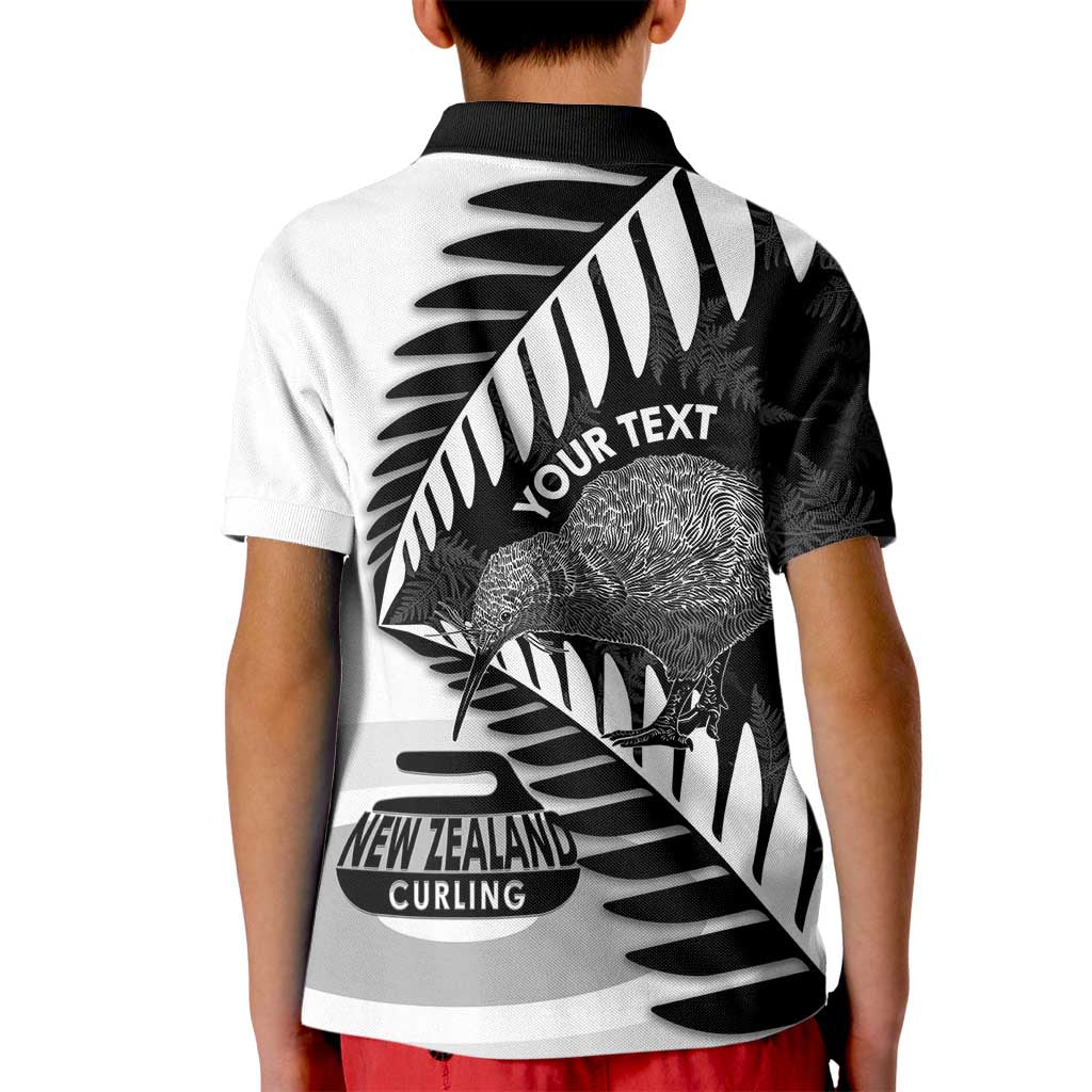 New Zealand Silver Fern Curling Personalised Kid Polo Shirt Aotearoa Kiwi Ponga Black White Version - Polynesian Pride