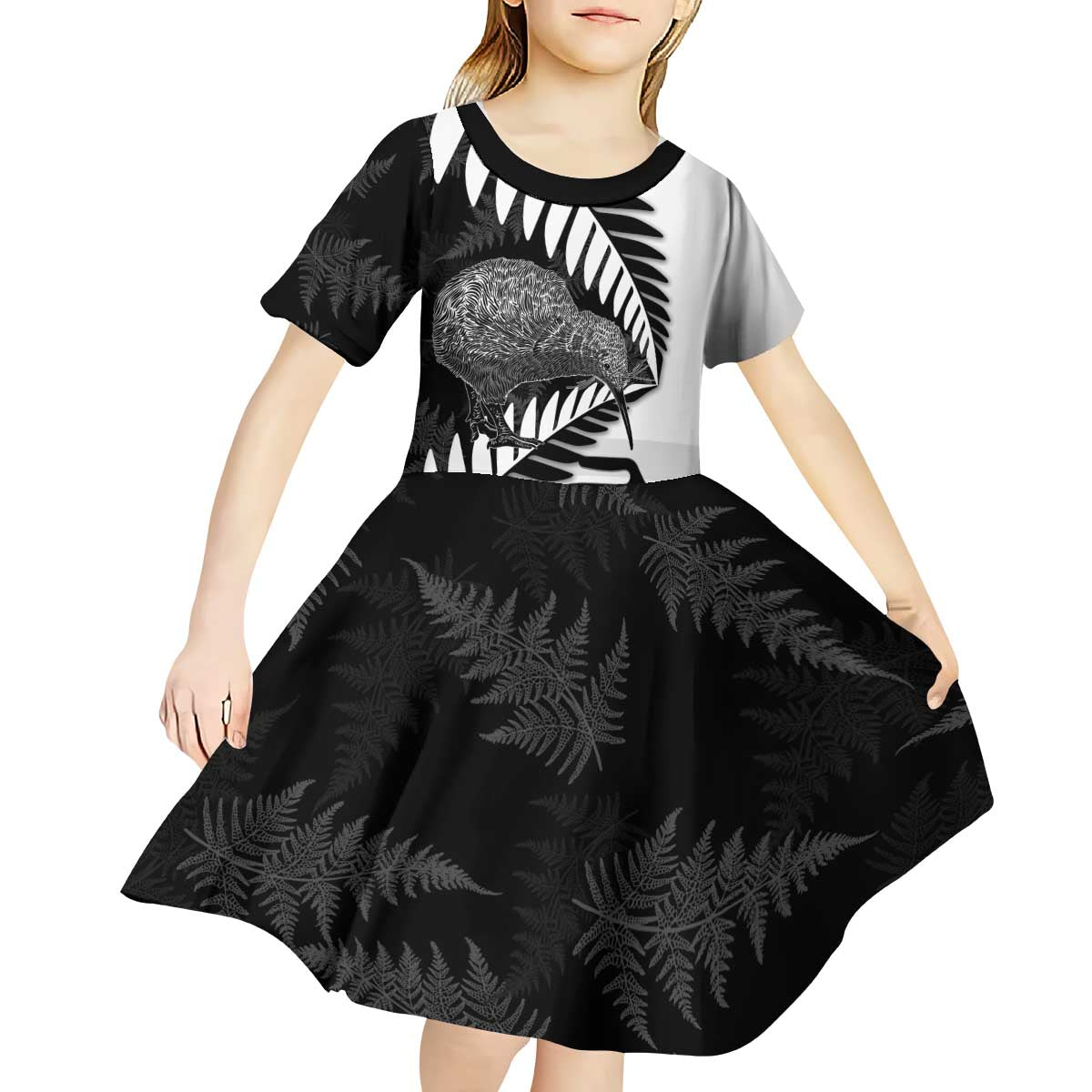 New Zealand Silver Fern Curling Personalised Kid Short Sleeve Dress Aotearoa Kiwi Ponga Black White Version - Polynesian Pride