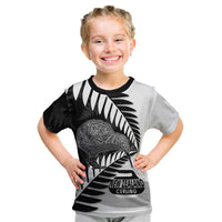 New Zealand Silver Fern Curling Personalised Kid T Shirt Aotearoa Kiwi Ponga Black White Version - Polynesian Pride