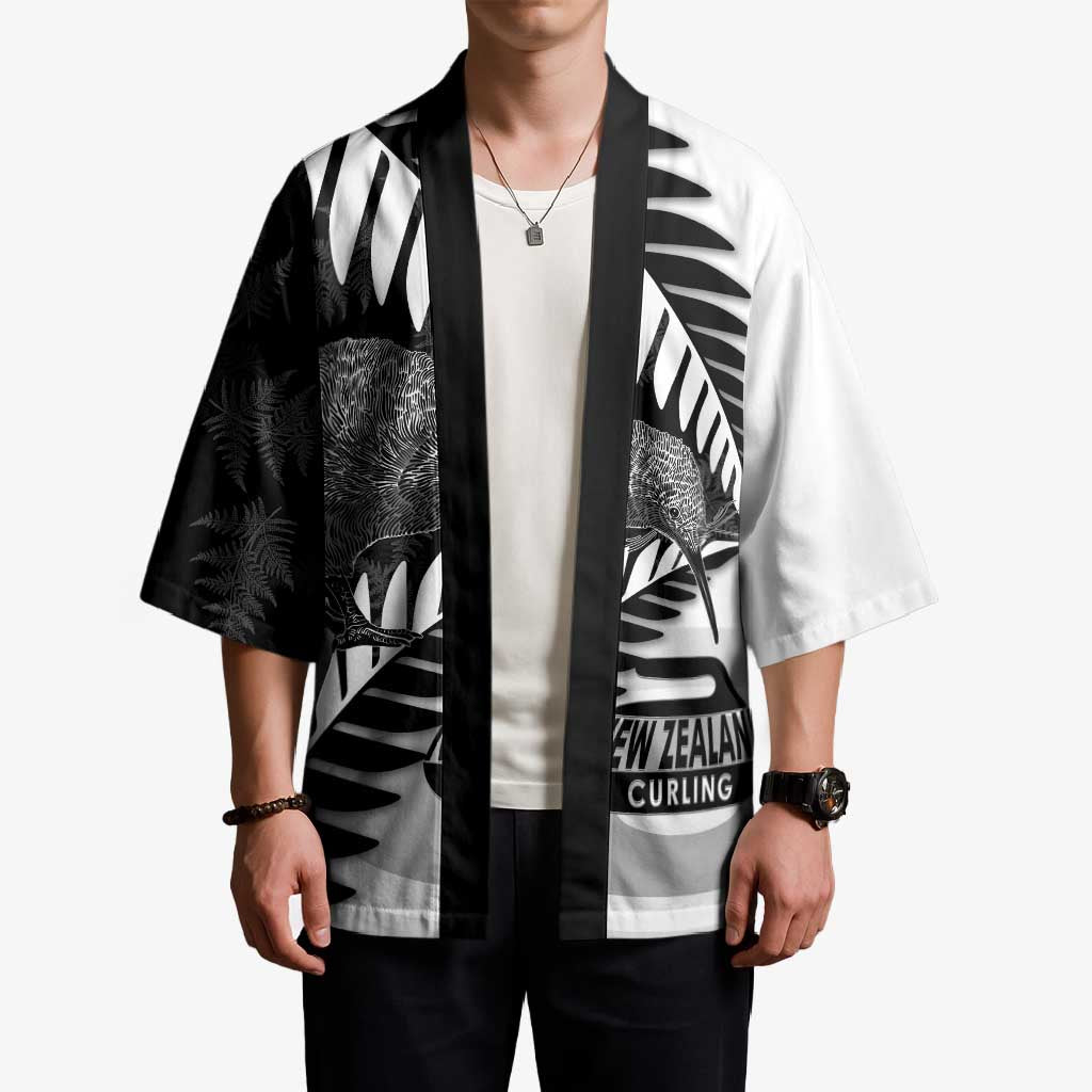 New Zealand Silver Fern Curling Personalised Kimono Aotearoa Kiwi Ponga Black White Version - Polynesian Pride