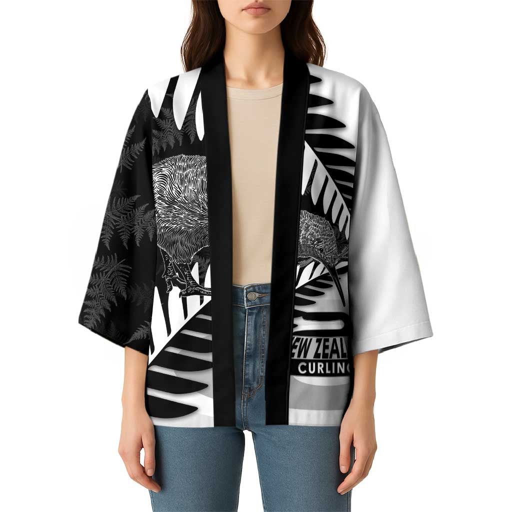 New Zealand Silver Fern Curling Personalised Kimono Aotearoa Kiwi Ponga Black White Version - Polynesian Pride