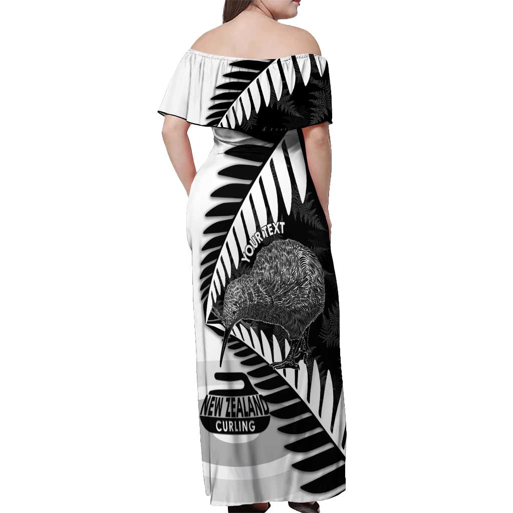 New Zealand Silver Fern Curling Personalised Off Shoulder Maxi Dress Aotearoa Kiwi Ponga Black White Version - Polynesian Pride