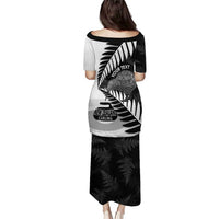 New Zealand Silver Fern Curling Personalised Puletasi Aotearoa Kiwi Ponga Black White Version - Polynesian Pride