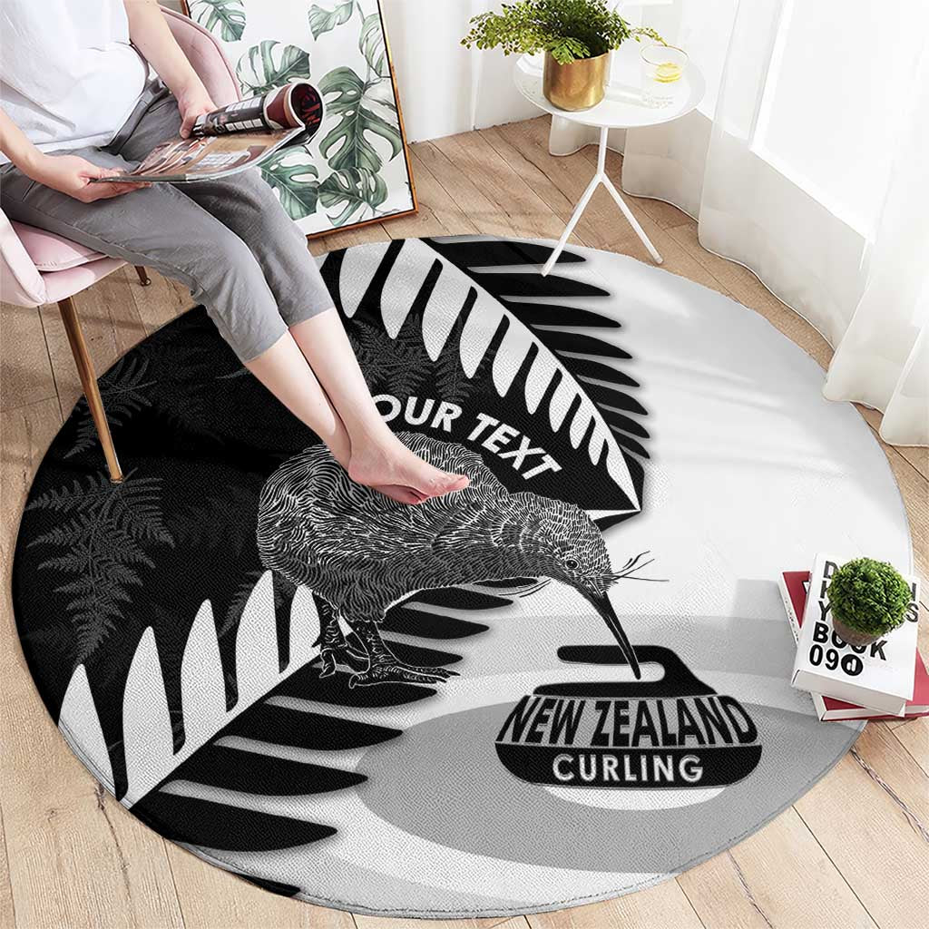 New Zealand Silver Fern Curling Personalised Round Carpet Aotearoa Kiwi Ponga Black White Version - Polynesian Pride
