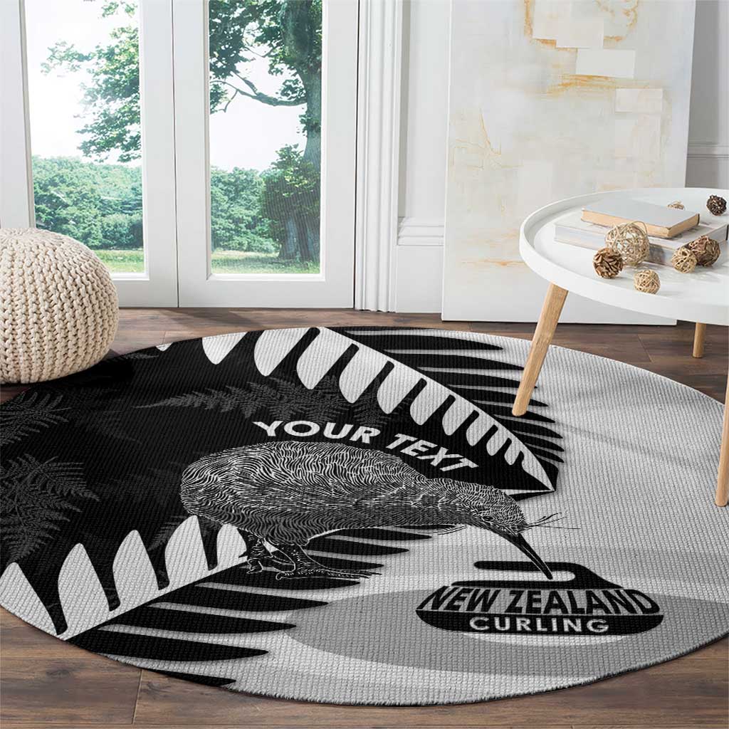 New Zealand Silver Fern Curling Personalised Round Carpet Aotearoa Kiwi Ponga Black White Version - Polynesian Pride