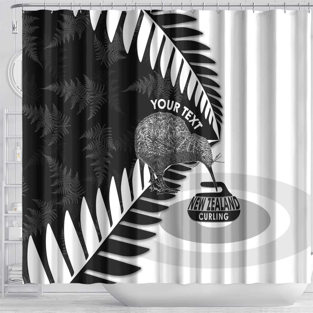 New Zealand Silver Fern Curling Personalised Shower Curtain Aotearoa Kiwi Ponga Black White Version - Polynesian Pride