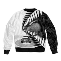 New Zealand Silver Fern Curling Personalised Sleeve Zip Bomber Jacket Aotearoa Kiwi Ponga Black White Version - Polynesian Pride