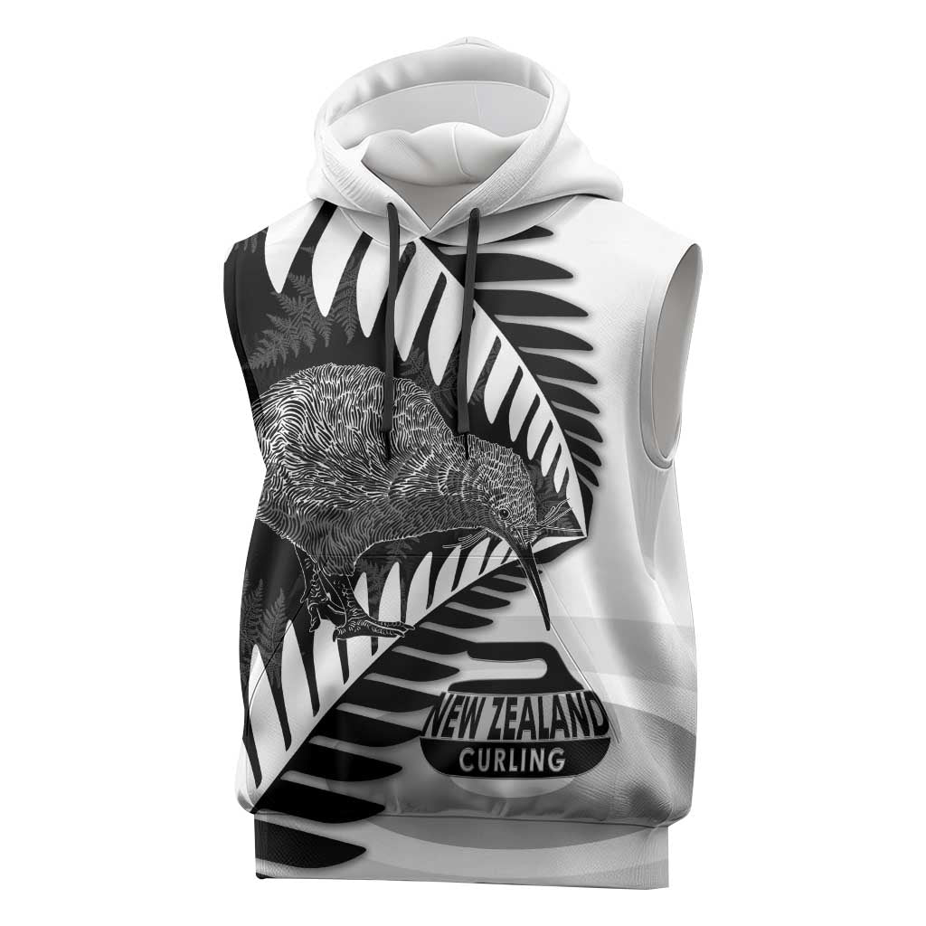 New Zealand Silver Fern Curling Personalised Sleeveless Hoodie Aotearoa Kiwi Ponga Black White Version - Polynesian Pride