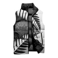 New Zealand Silver Fern Curling Personalised Sleeveless Puffer Jacket Aotearoa Kiwi Ponga Black White Version - Polynesian Pride