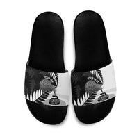 New Zealand Silver Fern Curling Personalised Slide Sandals Aotearoa Kiwi Ponga Black White Version - Polynesian Pride