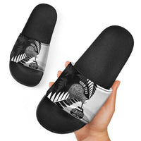 New Zealand Silver Fern Curling Personalised Slide Sandals Aotearoa Kiwi Ponga Black White Version - Polynesian Pride
