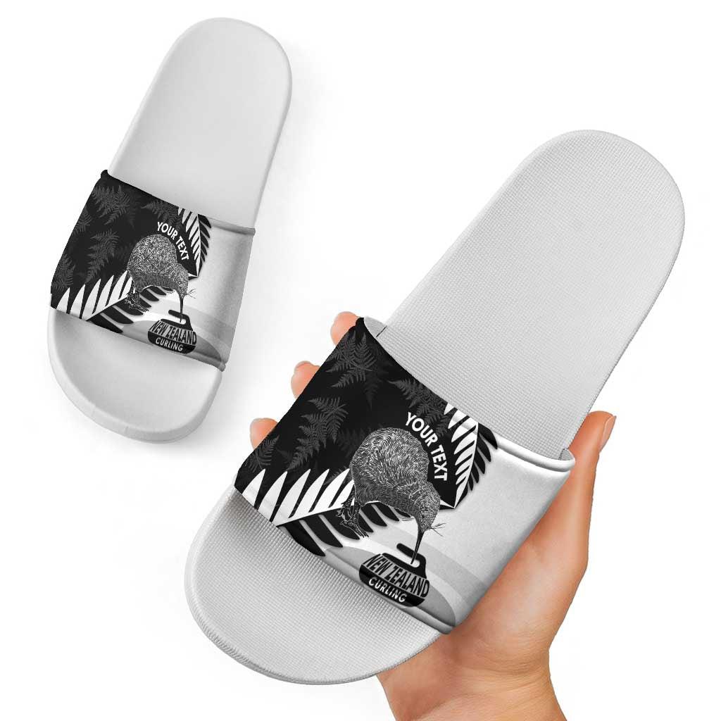 New Zealand Silver Fern Curling Personalised Slide Sandals Aotearoa Kiwi Ponga Black White Version - Polynesian Pride