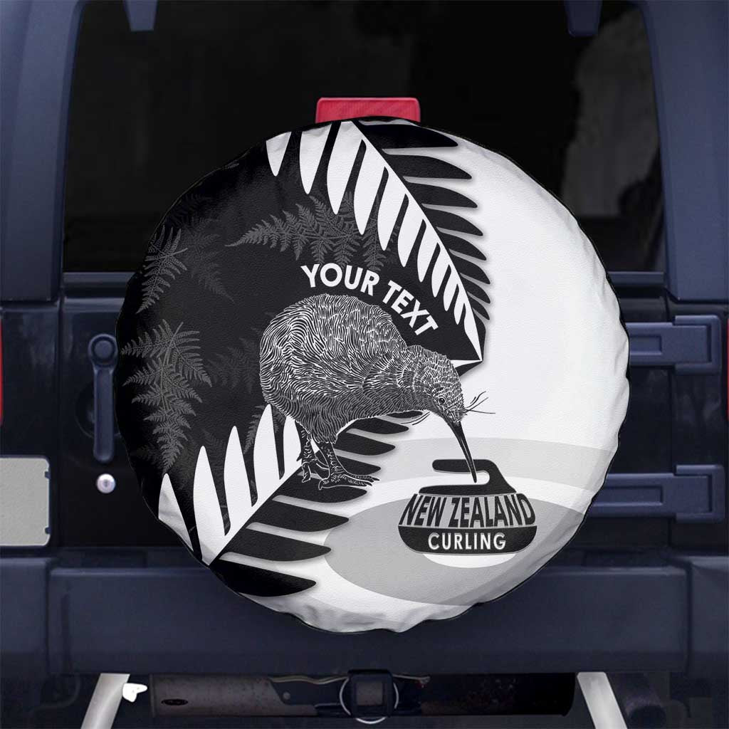 New Zealand Silver Fern Curling Personalised Spare Tire Cover Aotearoa Kiwi Ponga Black White Version LT14 No hole Black - Polynesian Pride