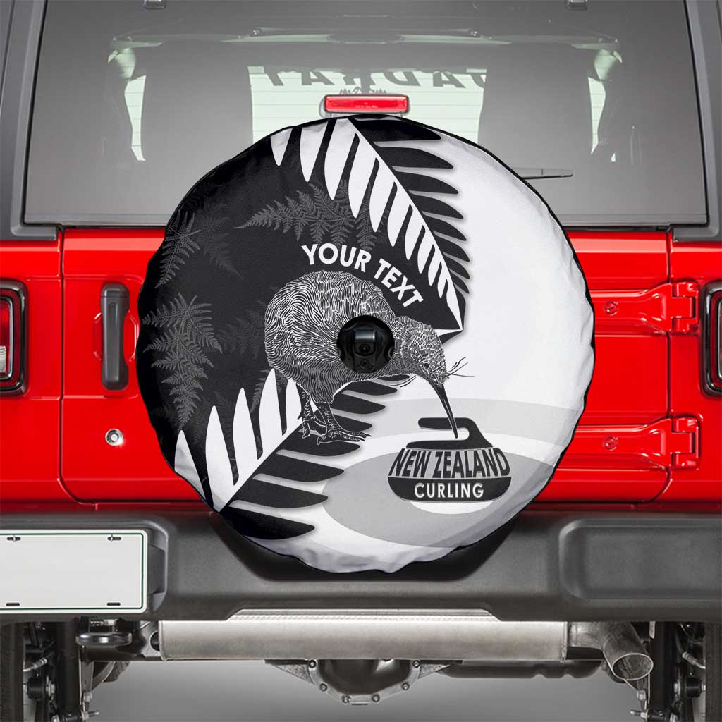 New Zealand Silver Fern Curling Personalised Spare Tire Cover Aotearoa Kiwi Ponga Black White Version - Polynesian Pride
