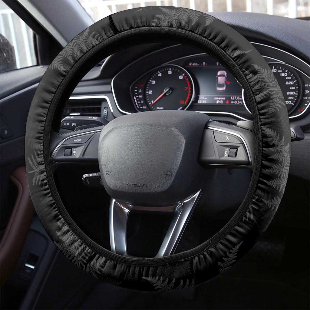 New Zealand Silver Fern Curling Steering Wheel Cover Aotearoa Kiwi Ponga Black White Version - Polynesian Pride