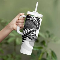 New Zealand Silver Fern Curling Personalised Tumbler With Handle Aotearoa Kiwi Ponga Black White Version - Polynesian Pride